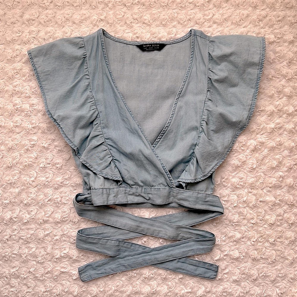 Bershka Denim Flutter Sleeve Tie Wrap Waist Crop Top